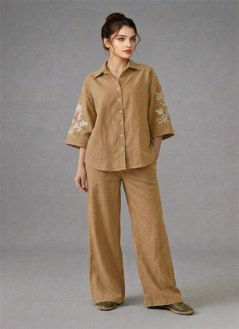 Beige Ivory Bloom Linen Cotton Co Ord Set After Six Wear