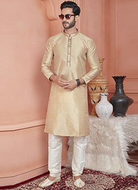 Beige Jacquard Banarasi Silk Zari Work Kurta Pyjama For Men
