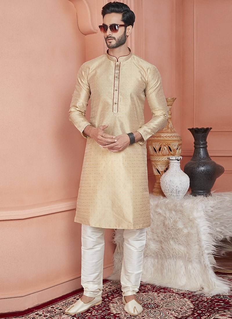 Beige Jacquard Banarasi Silk Zari Work Kurta Pyjama For Men Festive Wear