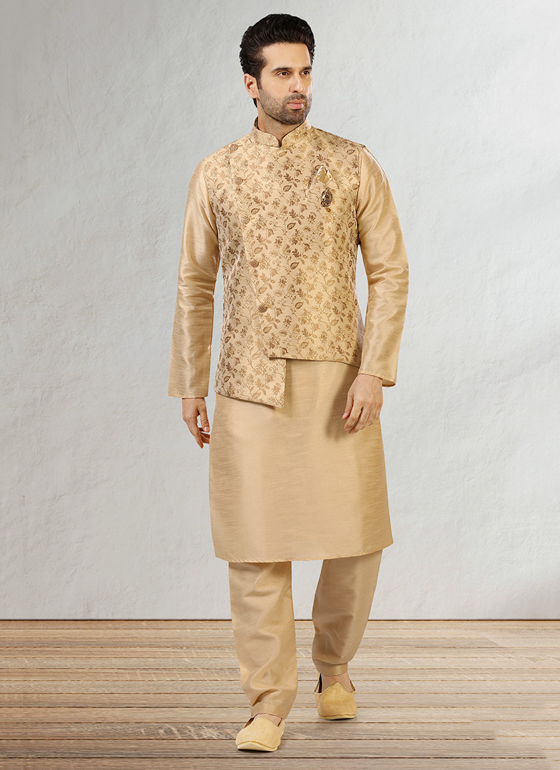 Beige Jacquard Benarasi Silk Bandi Set Party Wear