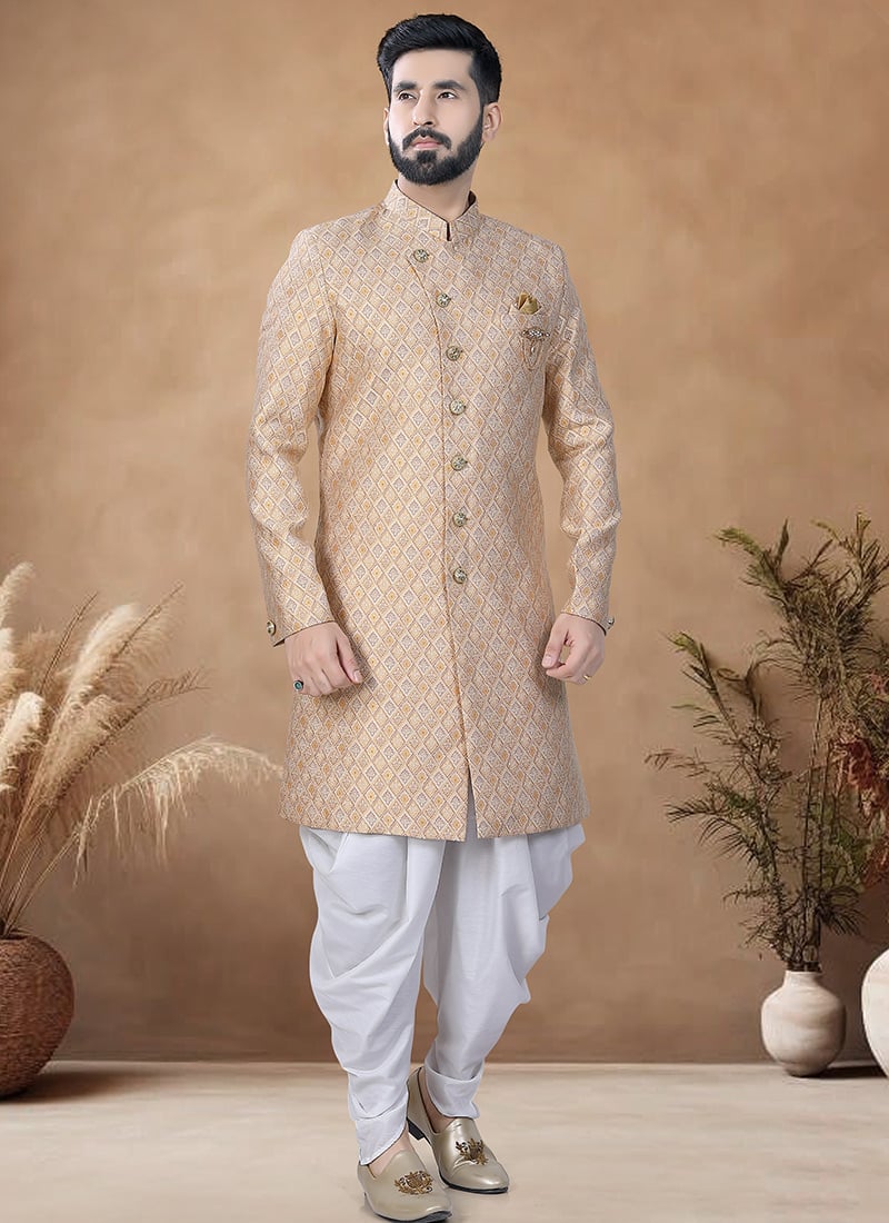 Beige Jacquard Indowestern Sherwani