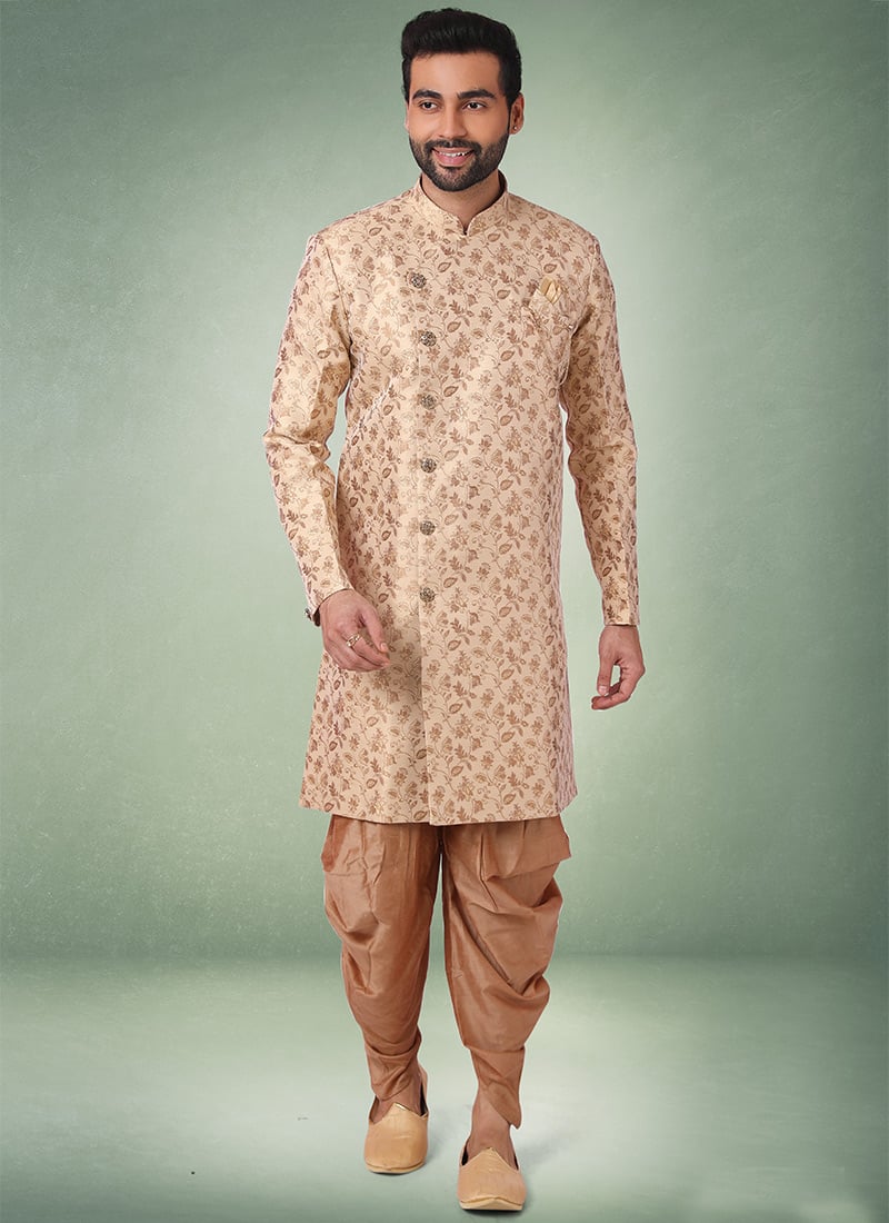 Beige Jacquard Silk Brocade Classic Sherwani Wedding Wear