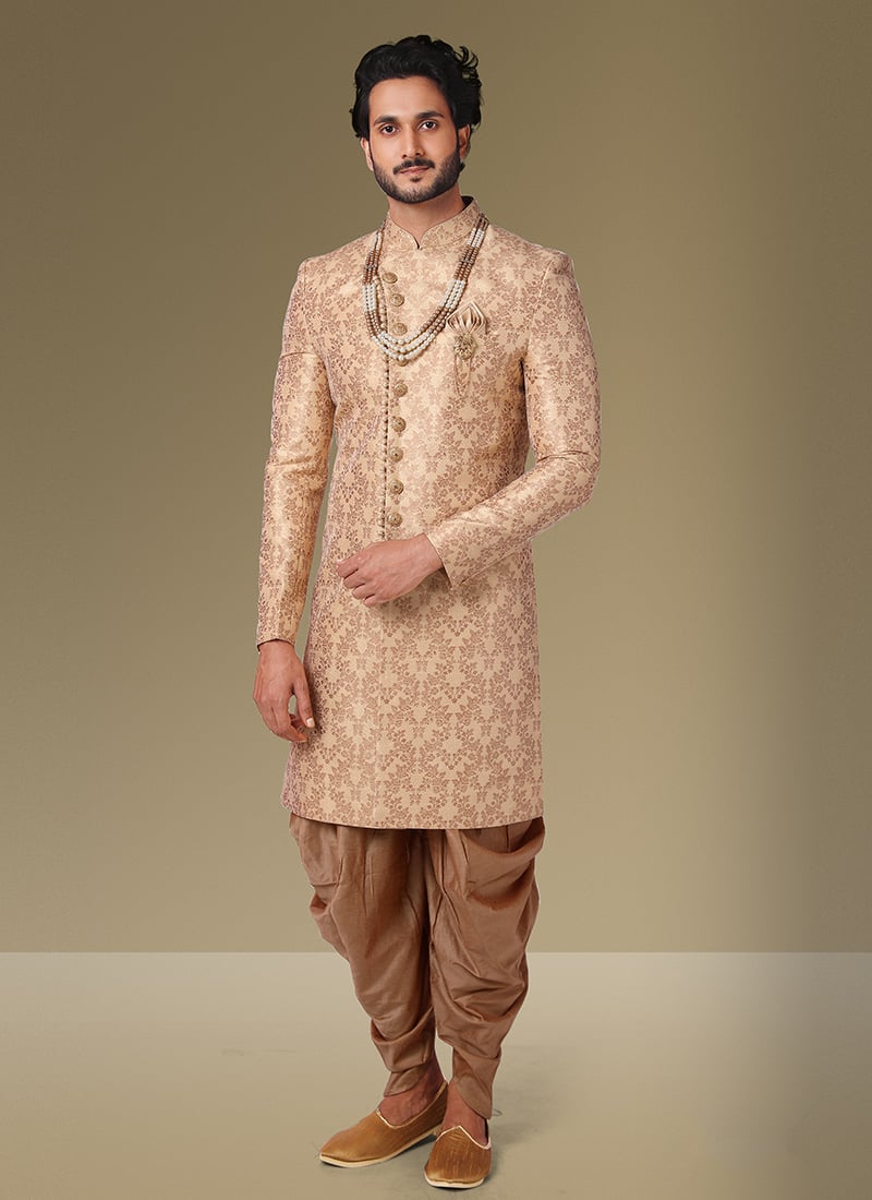 Beige Jacquard Silk Brocade Embroidered Indowestern Sherwani Wedding Wear