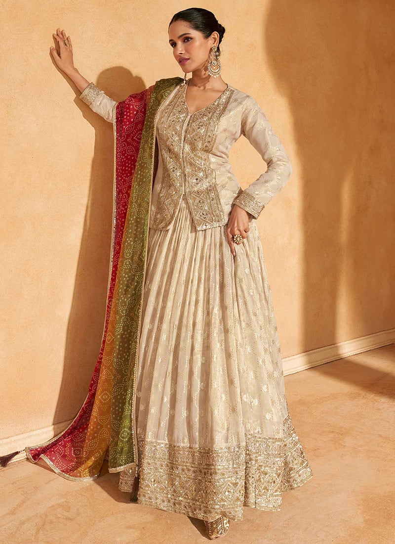 Beige Jacquard Silk Embroidered Sequins Lehenga With Bandhini Dupatta Wedding Wear