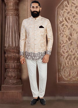 Beige Jacquard Silk Embroidered Two Piece Suit