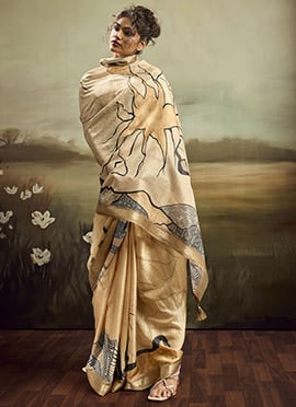 Beige Jacquard Silk Floral Woven Saree