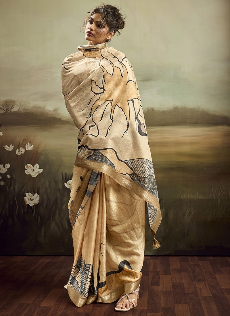 Beige Jacquard Silk Floral Woven Saree After Six Wear