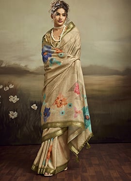 Beige Jacquard Silk Floral Woven Saree