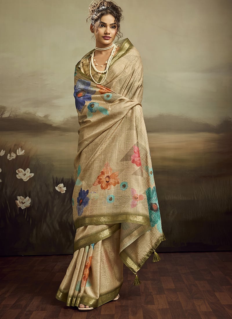 Beige Jacquard Silk Floral Woven Saree After Six Wear