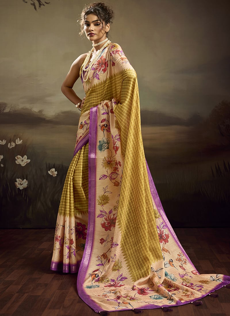 Beige Jacquard Silk Floral Woven Saree After Six Wear