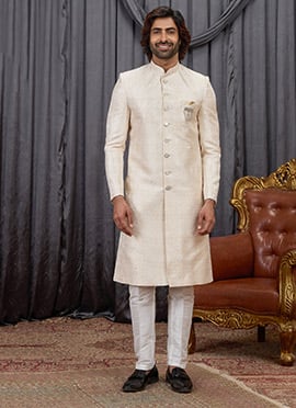 Beige Jacquard Silk Indowestern Sherwani Wedding Wear