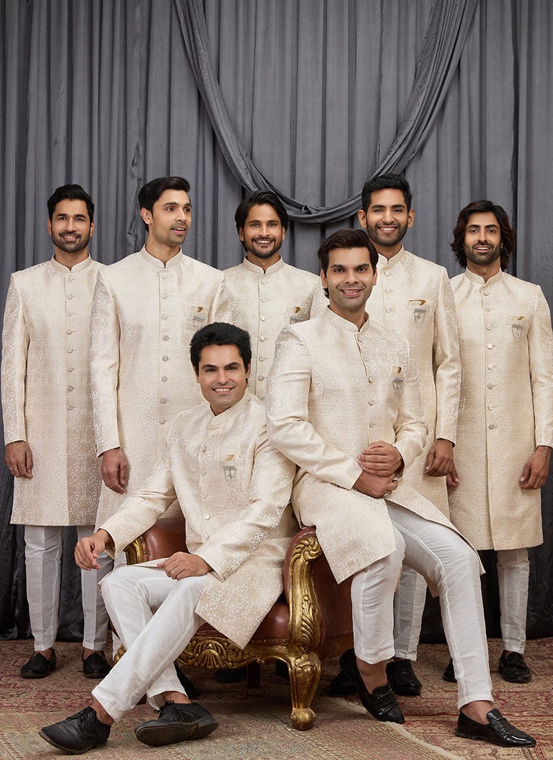 Beige Jacquard Silk Indowestern Sherwani Wedding Wear