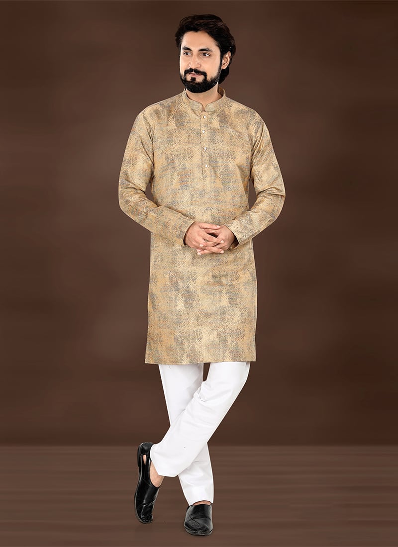 Beige Jacquard Silk Kurta Pyjama Festive Wear