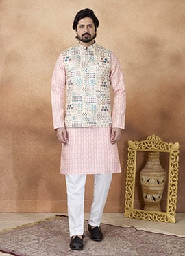 Beige Jacquard Silk Nehru Jacket For Men