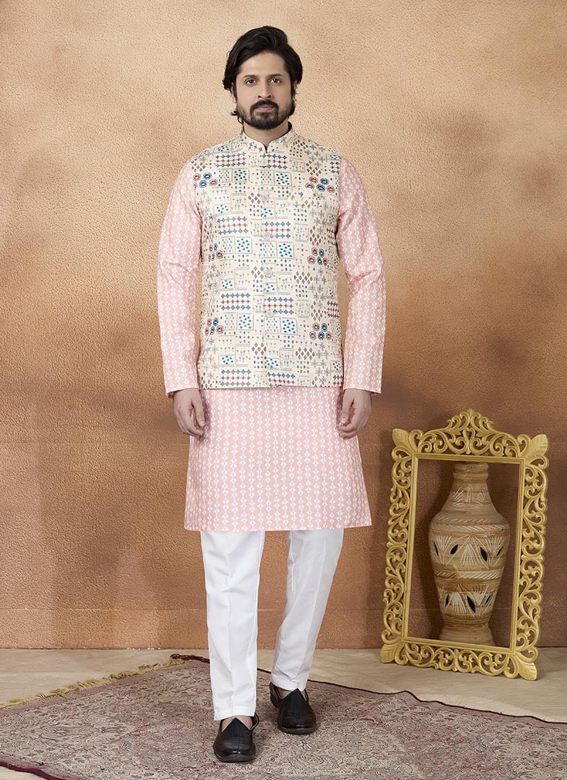 Beige Jacquard Silk Nehru Jacket For Men