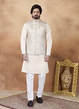Beige Jacquard Silk Nehru Jacket For Men