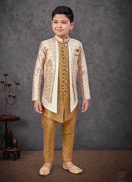 Beige Jacquard Silk Printed With Zari Work Boys Indowestern Sherwani