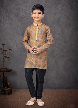 Beige Jacquard Silk Printed With Zari Work Boys Kurta Pyjama