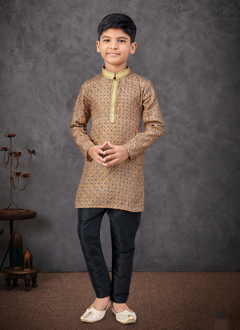 Beige Jacquard Silk Printed With Zari Work Boys Kurta Pyjama Festive Wear
