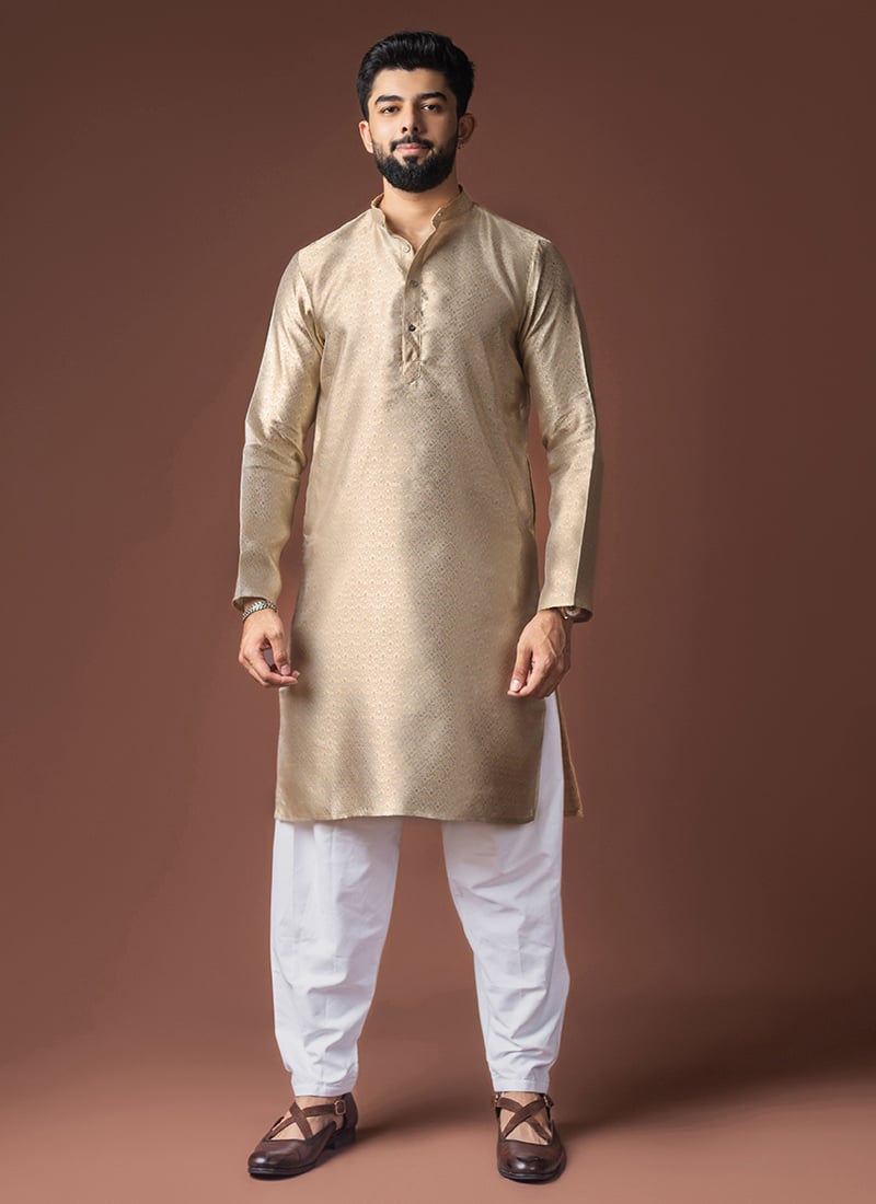 Beige Jacquard Silk Woven Kurta Pyjama Festive Wear