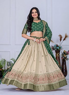 Beige Jacquard Silk Zari Work With Printed Lehenga