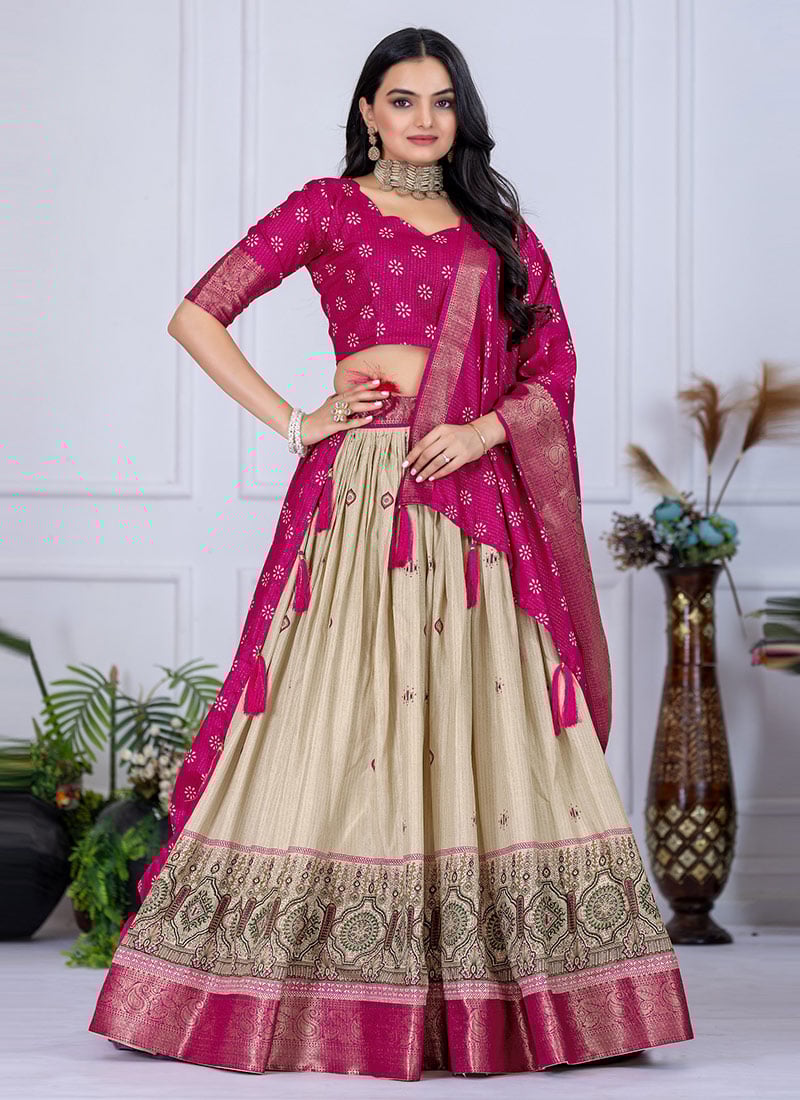 Beige Jacquard Silk Zari Work With Printed Lehenga