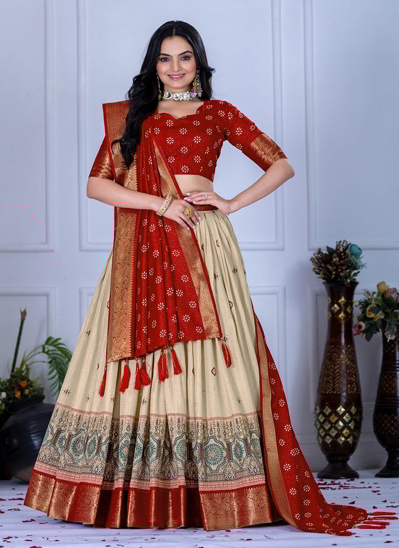 Beige Jacquard Silk Zari Work With Printed Lehenga Festive Wear