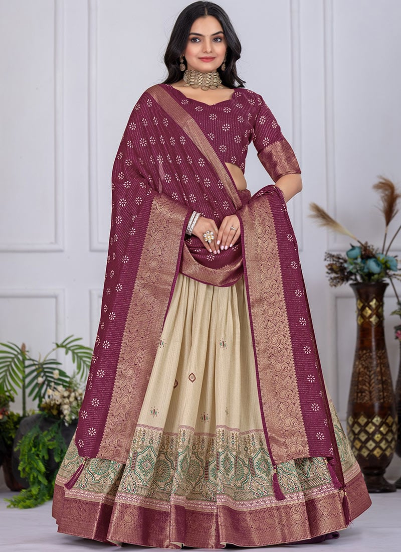 Beige Jacquard Silk Zari Work With Printed Lehenga Festive Wear