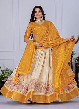 Beige Jacquard Silk Zari Work With Printed Lehenga