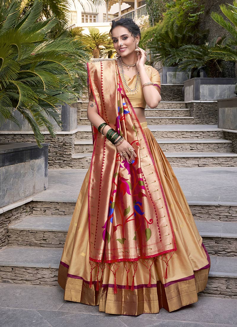 Beige Jacquard Silk Zari Woven Lehenga