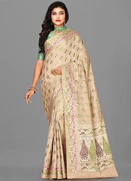 Beige Kanjeevaram Benarasi Silk Zari Work Saree