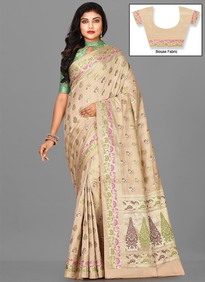 Beige Kanjeevaram Benarasi Silk Zari Work Saree Festive Wear