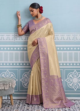 Beige Kanjivaram Soft Silk Zari Saree