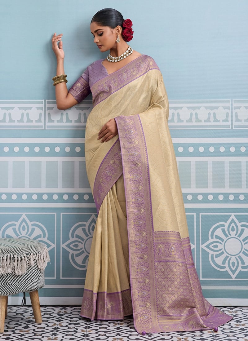 Beige Kanjivaram Soft Silk Zari Saree Festive Wear