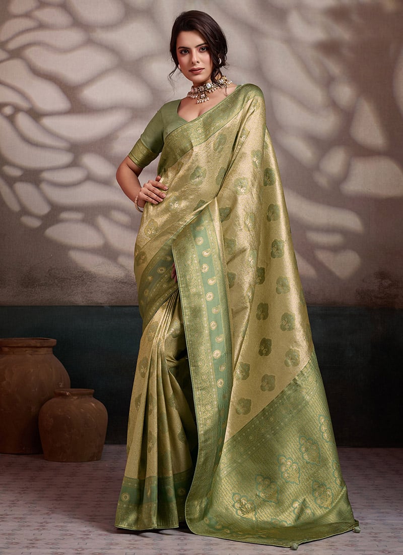 Beige Kanjivaram Soft Silk Zari Woven Saree Festive Wear