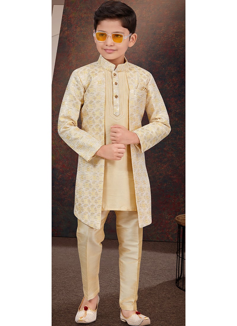 Beige Kasak Zari Jacquard Banarasi Silk Sequins Kids Boys Indowestern Sherwani Wedding Wear