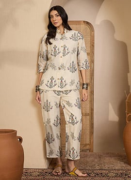 Beige Khadi Silk Embroidered IndoWestern Co Ord Set