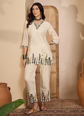 Beige Khadi Silk Embroidered IndoWestern Stylish Co Ord Set