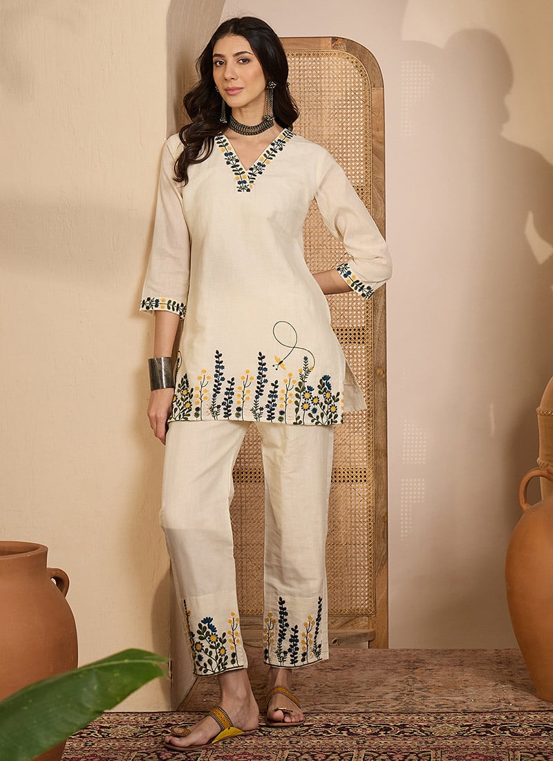Beige Khadi Silk Embroidered IndoWestern Stylish Co Ord Set After Six Wear