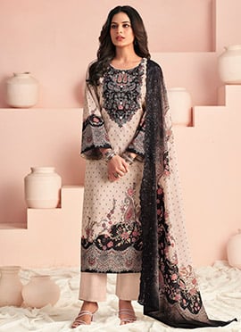 Beige Lawn Cotton Digital Print Thread Straight Pant Suit