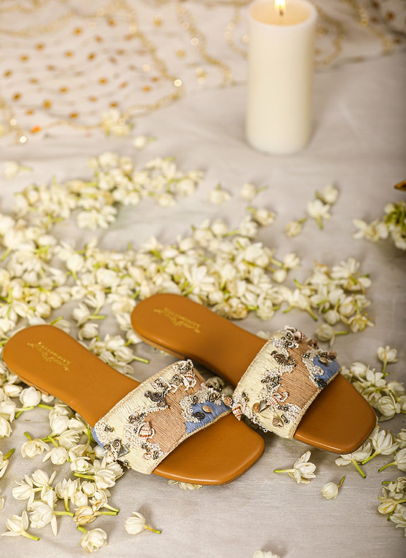 Beige Leather Sequins Flats For Women