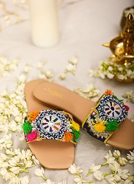 Beige Leather Zari Embroidered With Beads Work Flats