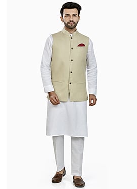 Beige Linen Blend Bandi Set