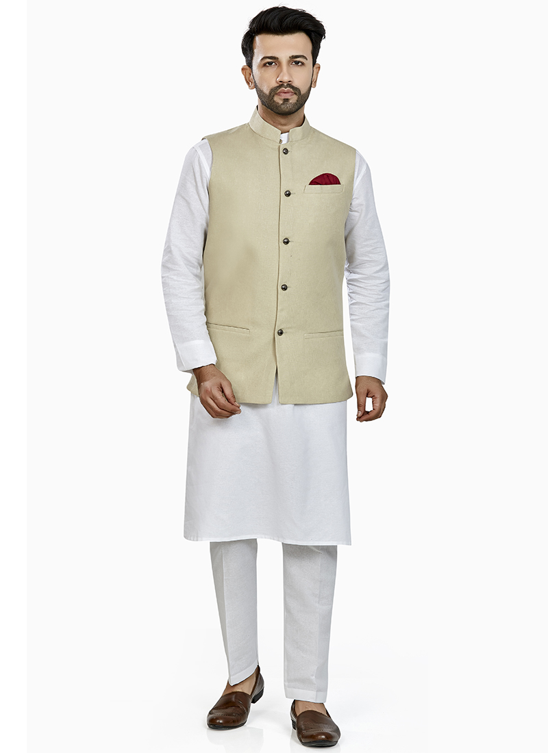 Beige Linen Blend Bandi Set