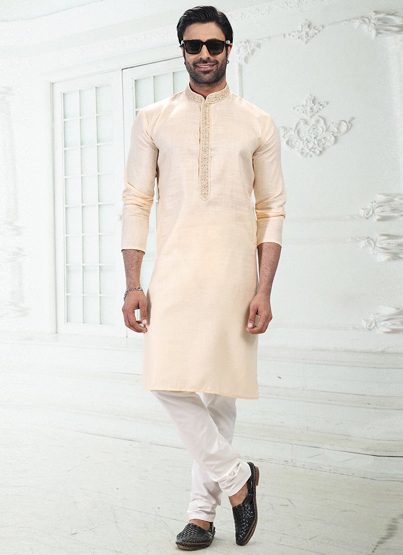 Beige Linen Cotton Kurta Pyjama