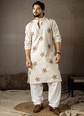 Beige Linen Embroidered Men Kurta Pyjama
