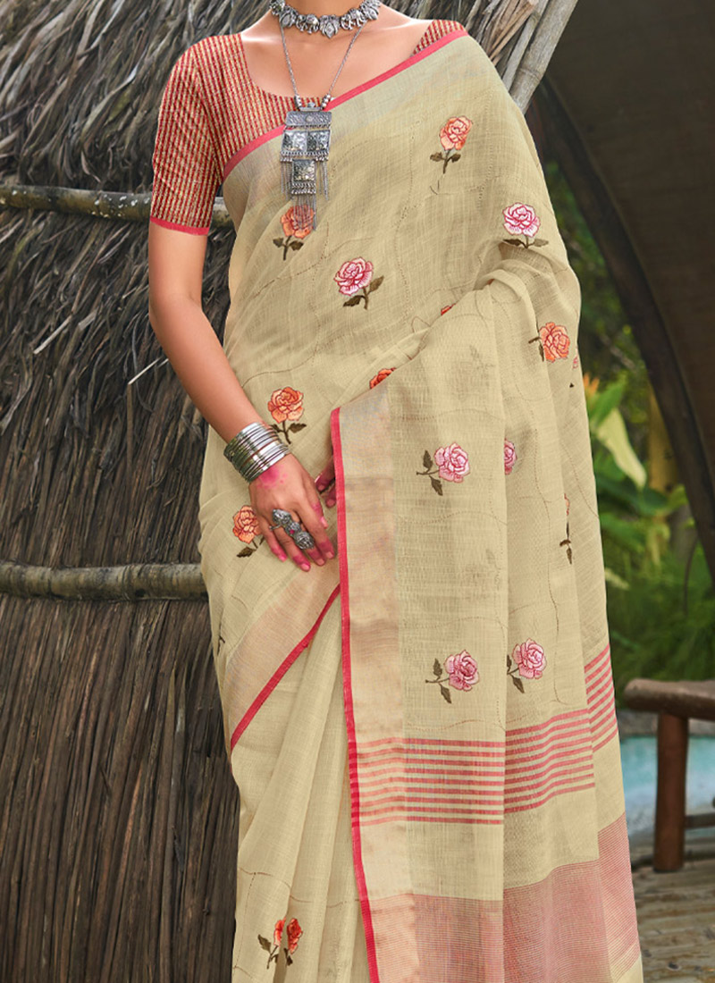 Buy Beige Linen Embroidered Saree Festive Wear Online at Best Price