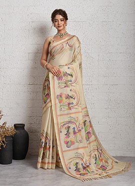 Beige Linen Printed Saree