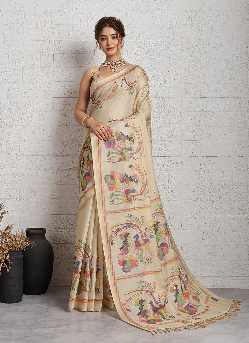 Beige Linen Printed Saree Festive Wear
