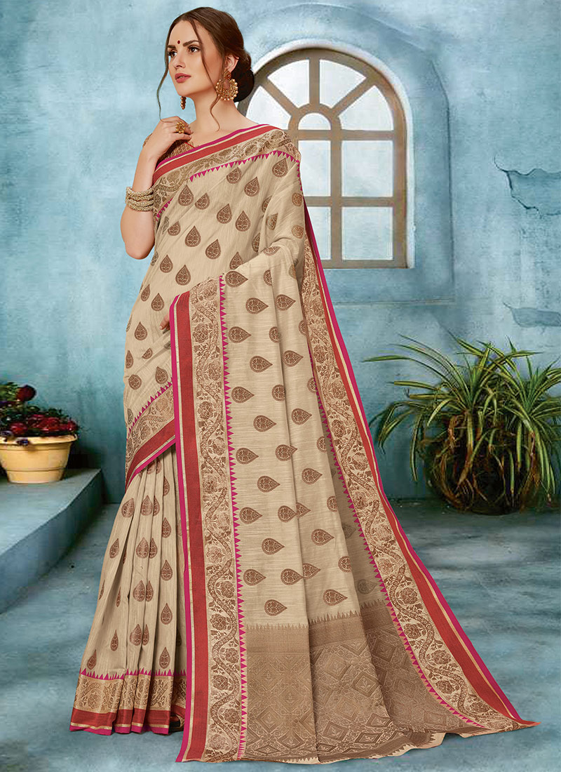 Buy Beige Linen Jacquard Saree, Jacquard, sari Online Shopping